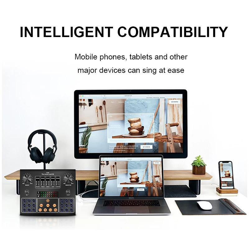 Live Sound Card Audio Interface Adjustable With Desktop Condenser Microphone and Monitor Headphone Podcast Production Studio Kit