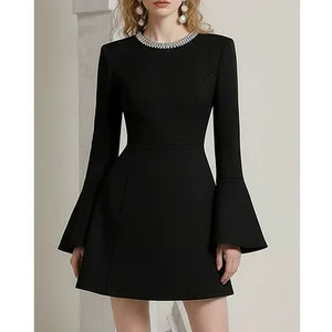 Factory Wholesale French Style Vintage Mini Dress Women Spring Autumn Flare Sleeve Black Diamonds Elegant Slimming Dress