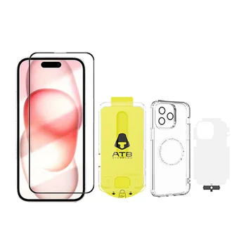 ATB Clear Phone Case Set Tempered Glass with easy install tool and Camera Protector Magnetic Ring Set for Iphone 15 Pro Max