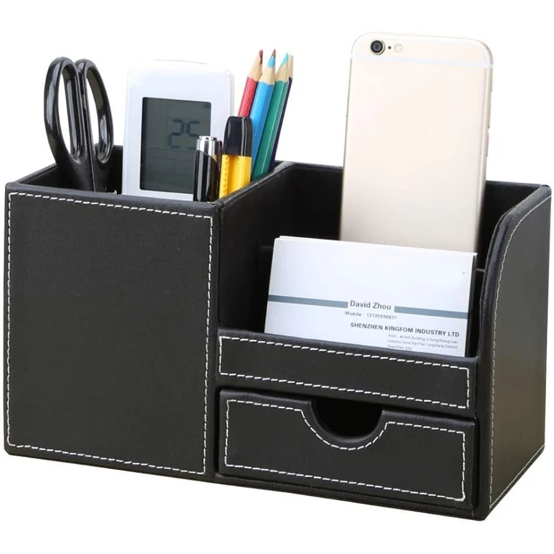 Кожаный многофункциональный настольный органайзер для канцелярских принадлежностей, коробка для хранения, ручка с дистанционным управлением, держатель с маленьким ящиком, черный