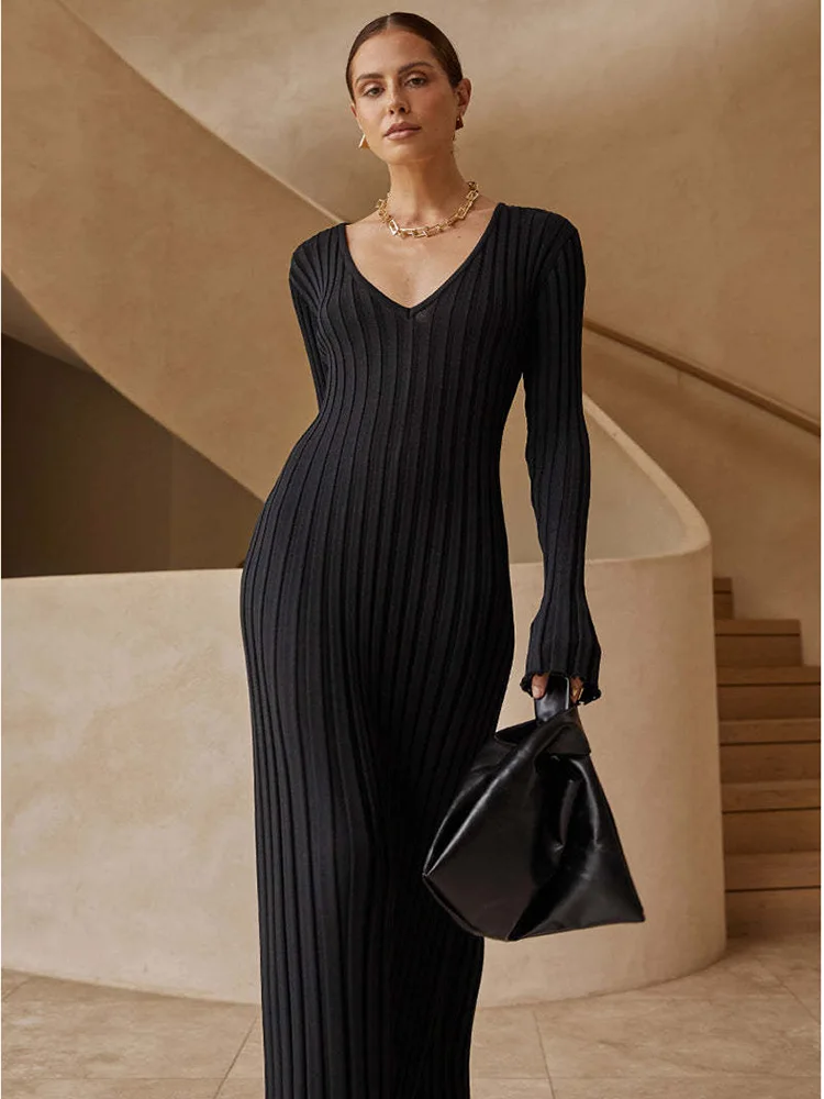 Long Sleeve Knitting Slim V-neck Stripe Design Female Dress Office Lady Women Dresses Spring main image 1