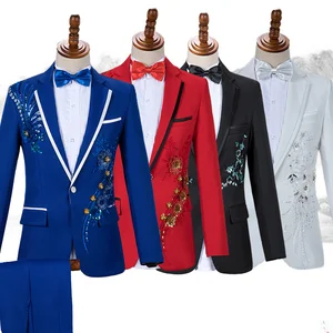 Luxury Plus Size Embroidered Sequined Jacquard Slim Fit Mens 2-Piece Suit Set with Zipper Fly Jacket and Pants Wedding Suits