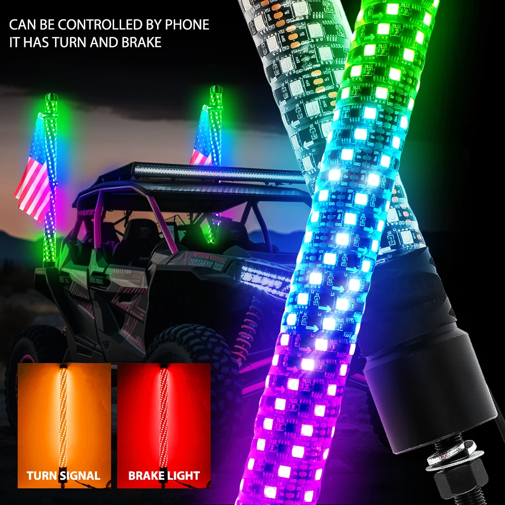 ZIMABLUE 2-Pack 1FT Fat Whip Lights For UTV/ATV - RGB LED With App & Remote Control For Polaris RZR, Can-Am Maverick
