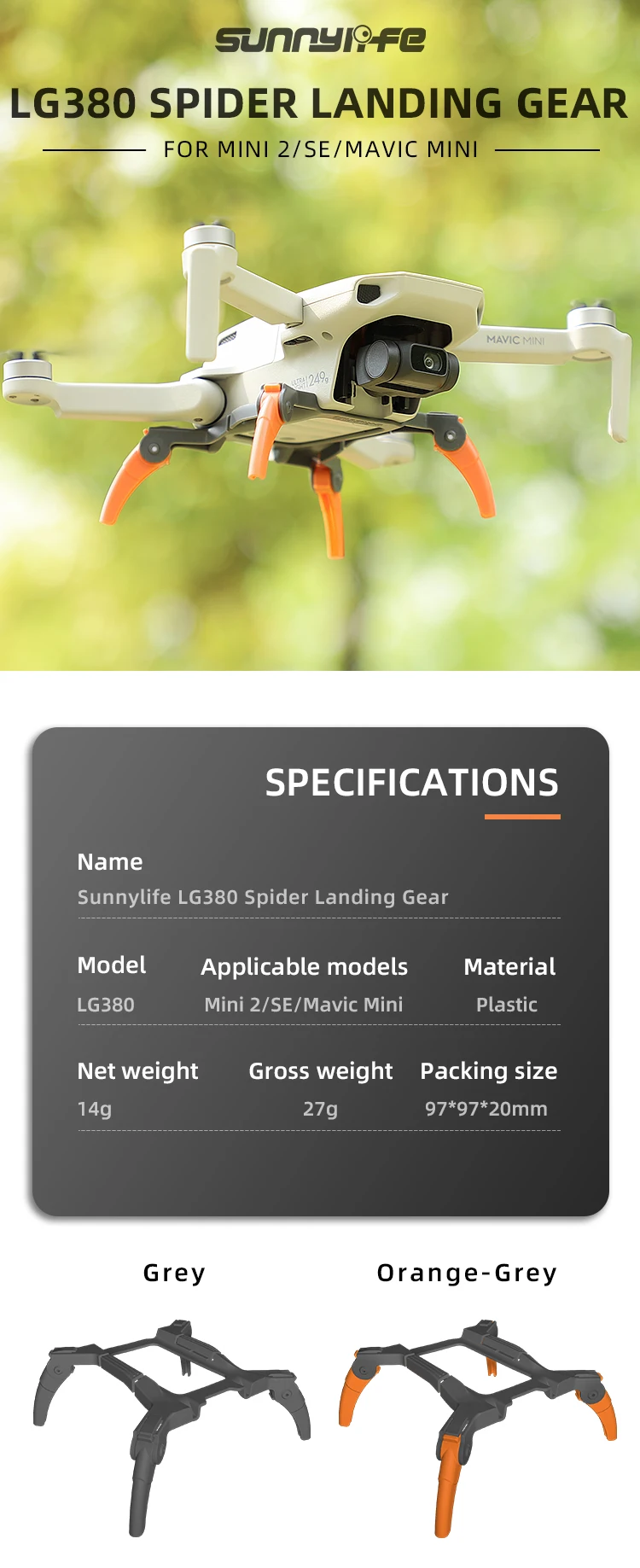 Sunnylife Lg380 Landing Gear Extensions for Mini 2/SE/Mavic Mini