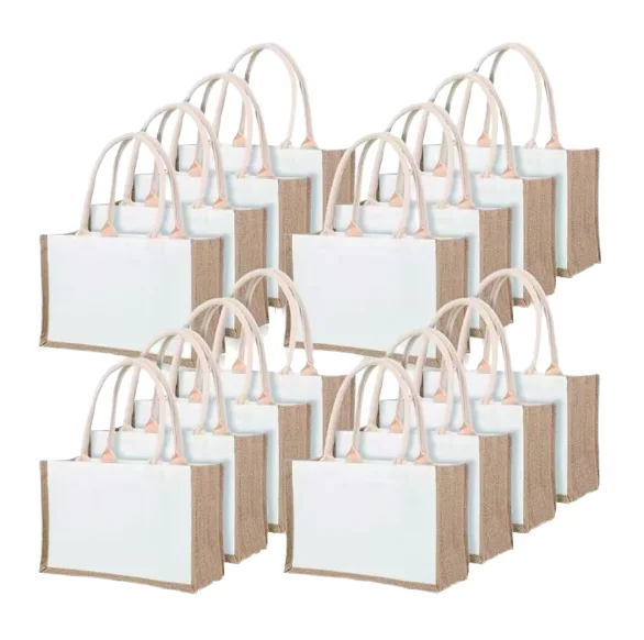 Custom Burlap Tote Bag Jute Reusable Beach Bag for Women Bridesmaid Wedding Gift DIY 12.6 X 8.3 X 5.1 Inch Rope Handle