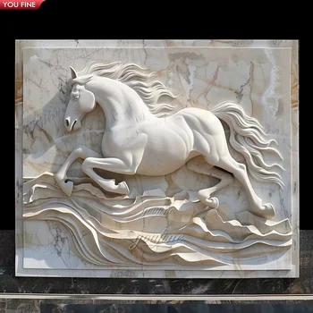 大理石と三頭の馬 (Marble and Tri-Horses) White Marble Running Horse Statue Relief for Garden - Elegant