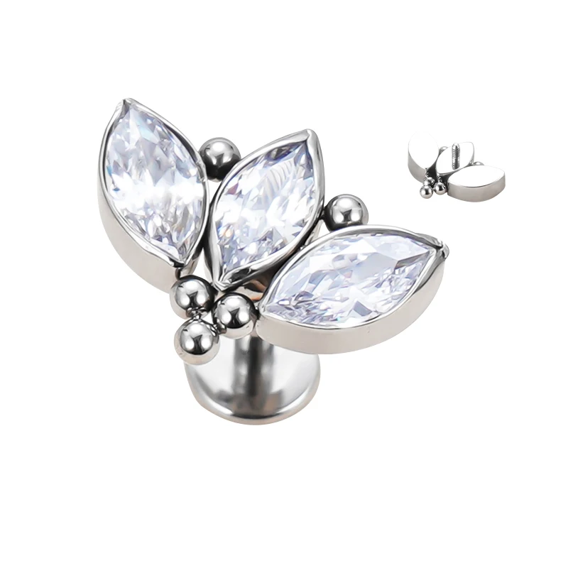 Titanium Body Piercing Internally Threaded 3 Marquise CZ With 5 Balls Cluster Top Labret Jewelry Wholesale Earring Labret