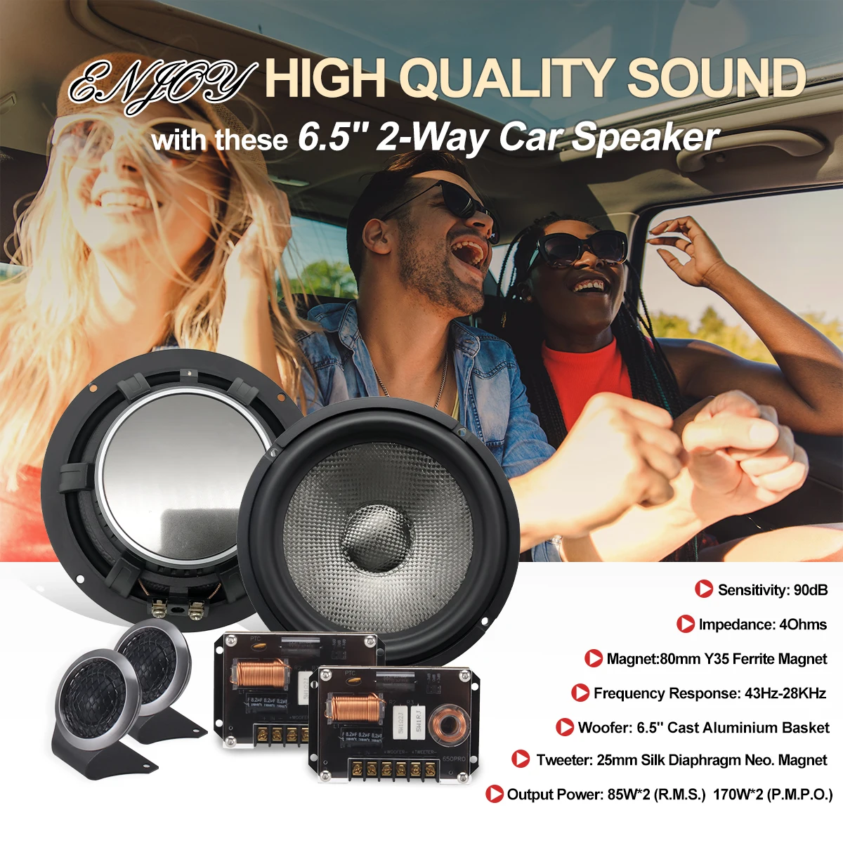 High End 6.5 Inch 2-way Component Car Speaker Carbon Fiber Cone 4ohms Speakers Car Audio System Sound