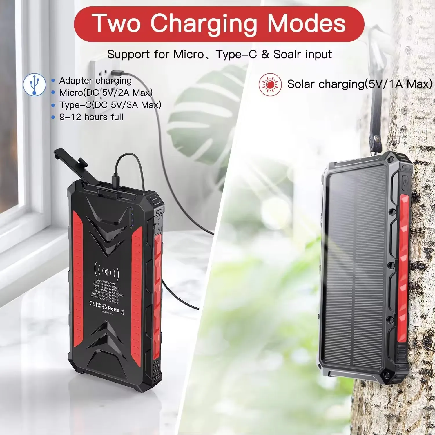 US USA Stock Quick Selling High Capacity 36000mAh Battery QI Solar Power Bank Fast Charger For Mobile Phone Wireless