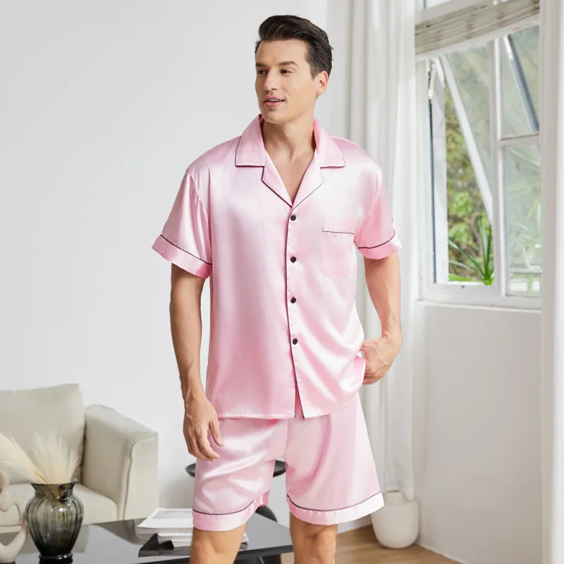 Silk Mens Pink Pajama Set Customized Night Dress For Men XL Silk