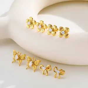 Small Stud Earrings Jewelry Gold Plated Stainless Dainty Zircon Bowknot Butterfly Flower Stud Earrings for Girls Women