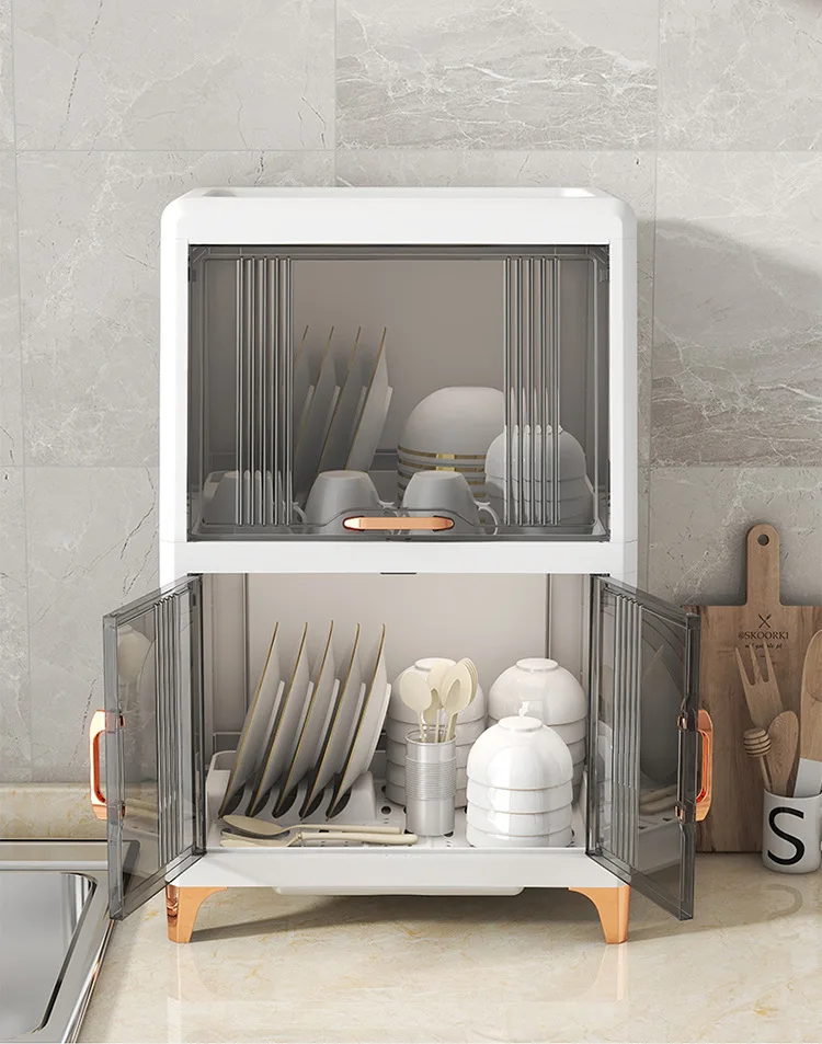 Desktop Large Capacity Bowl Storage Cabinet With Drain Rack Dish Cupboard Double Layers