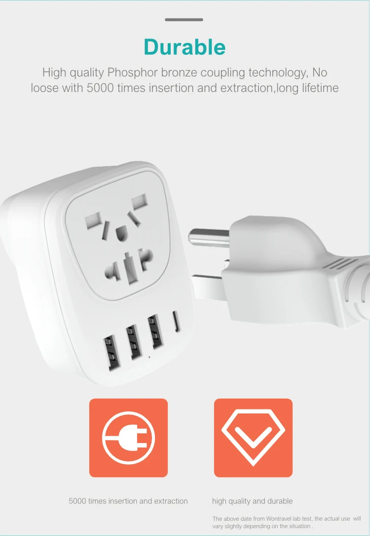 Wontravel Germany France Travel Adaptor Grounded 4 in 1 Euro Power Plug European Plug Adapter with 3 USB Outlet