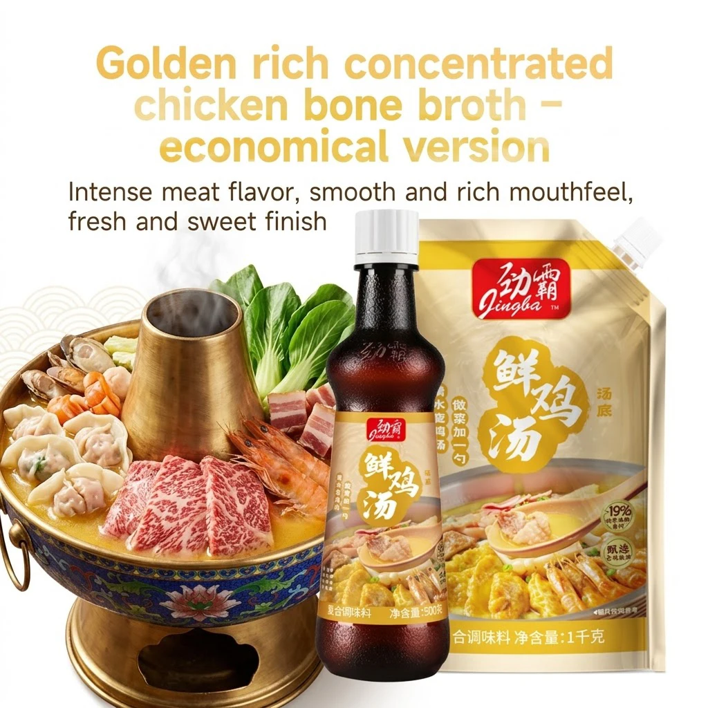 Brodo di pollo ricco con intenso sapore di carne, gusto morbido ed equilibrato, retrogusto sapido-dolce persistente, ideale per hot pot
