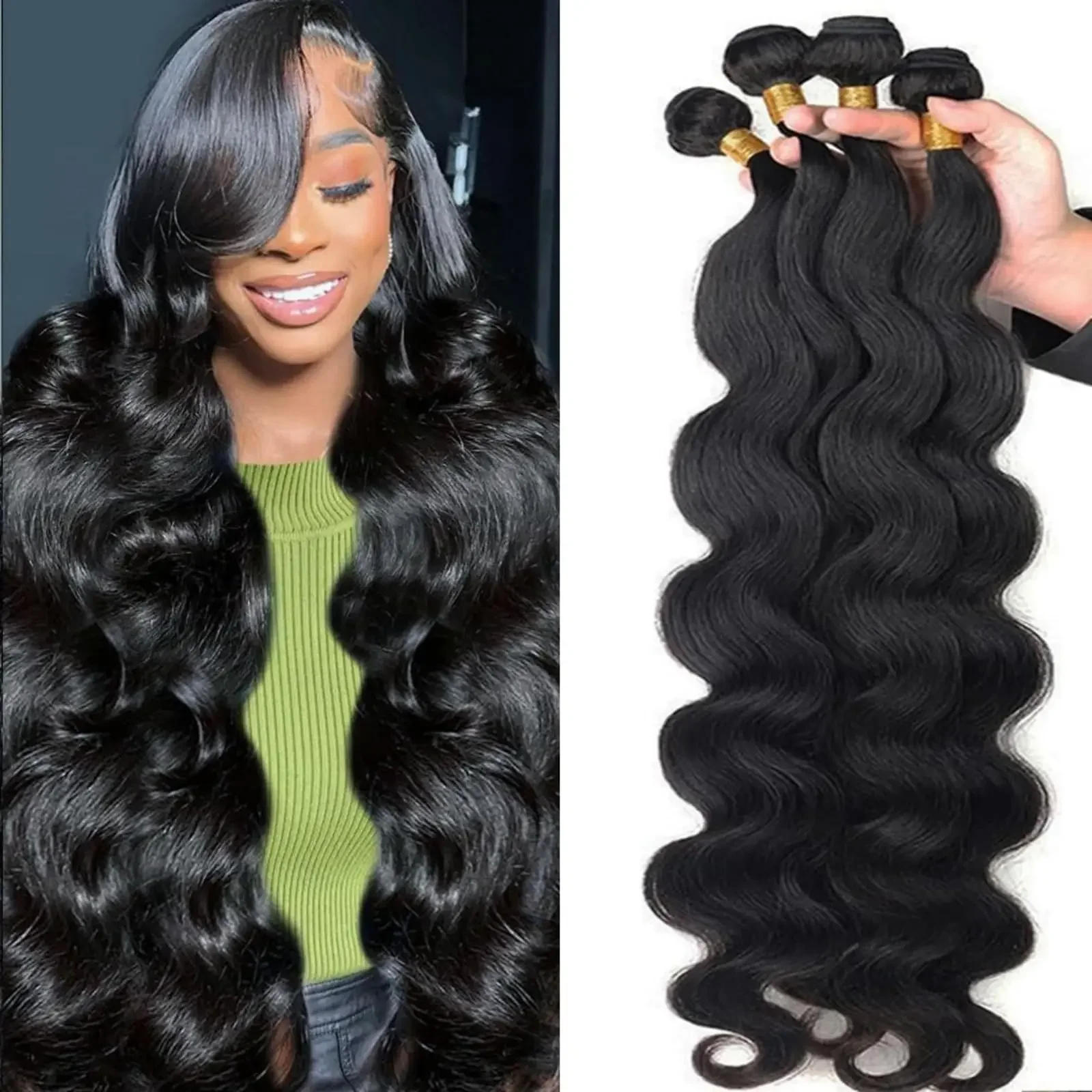 Pacotes de cabelo humano com ondas corporais 100% brasileiro não processado, extensões femininas, cor preta natural_voghion.com