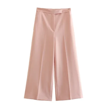 Autumn Women's Pink Zipper Fly Casual Full-Length Long Pants Wide Legs Elastic Waist Stripe XL Size-Zipper Fly Casual Cargo