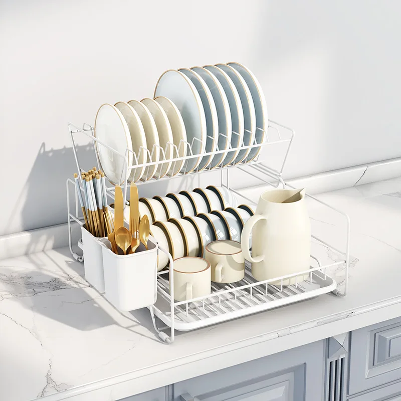 Kitchen Household Double Tier Storage Shelf Drain Rack Standing Type Organizer