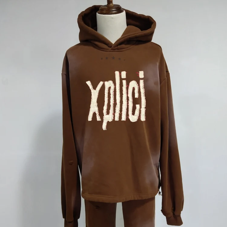 Distressed Vintage Washed Black Cropped Raw Hem Hoodie Streetwear Y2K 400 Gsm Embroidered Patch Letter Stone Wash Raw Hem Hoodie