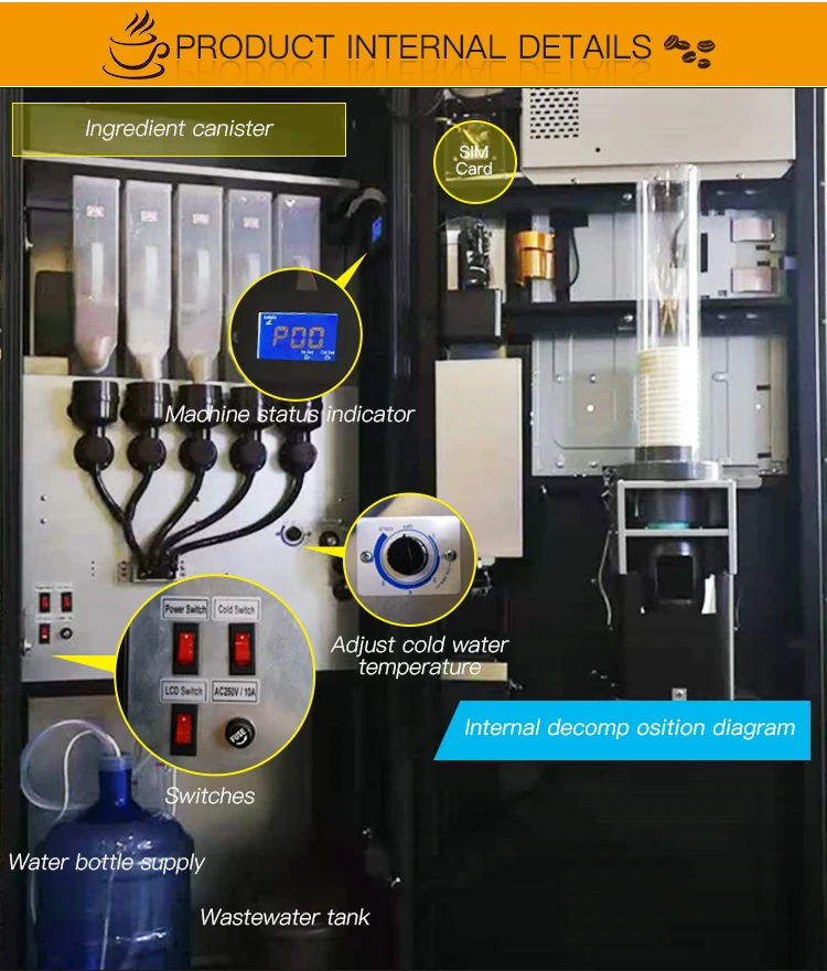 Máquina de venda automática de café com bebidas quentes e frias instantâneas totalmente automática inteligente com tela sensível ao toque de 32 polegadas