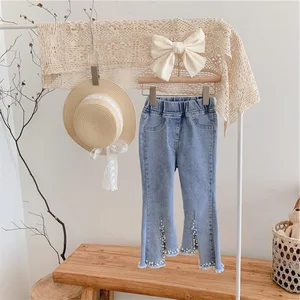 Autumn Elastic Jeans Girls Denim Blue Children Wide Leg Pants Decorated With Pearls Teenage Trousers 3-12Y Clothes for Kids