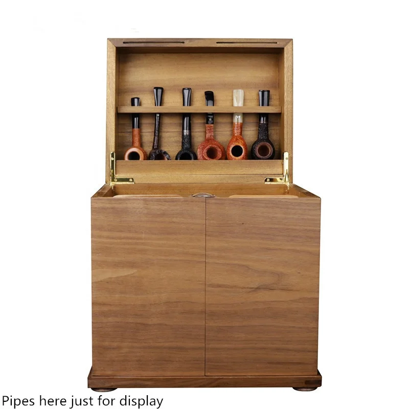 Premium Black Walnut Tobacco Pipe Cabinet 18 Seats Smoking Pipes Holder  With Humidors and Drawer