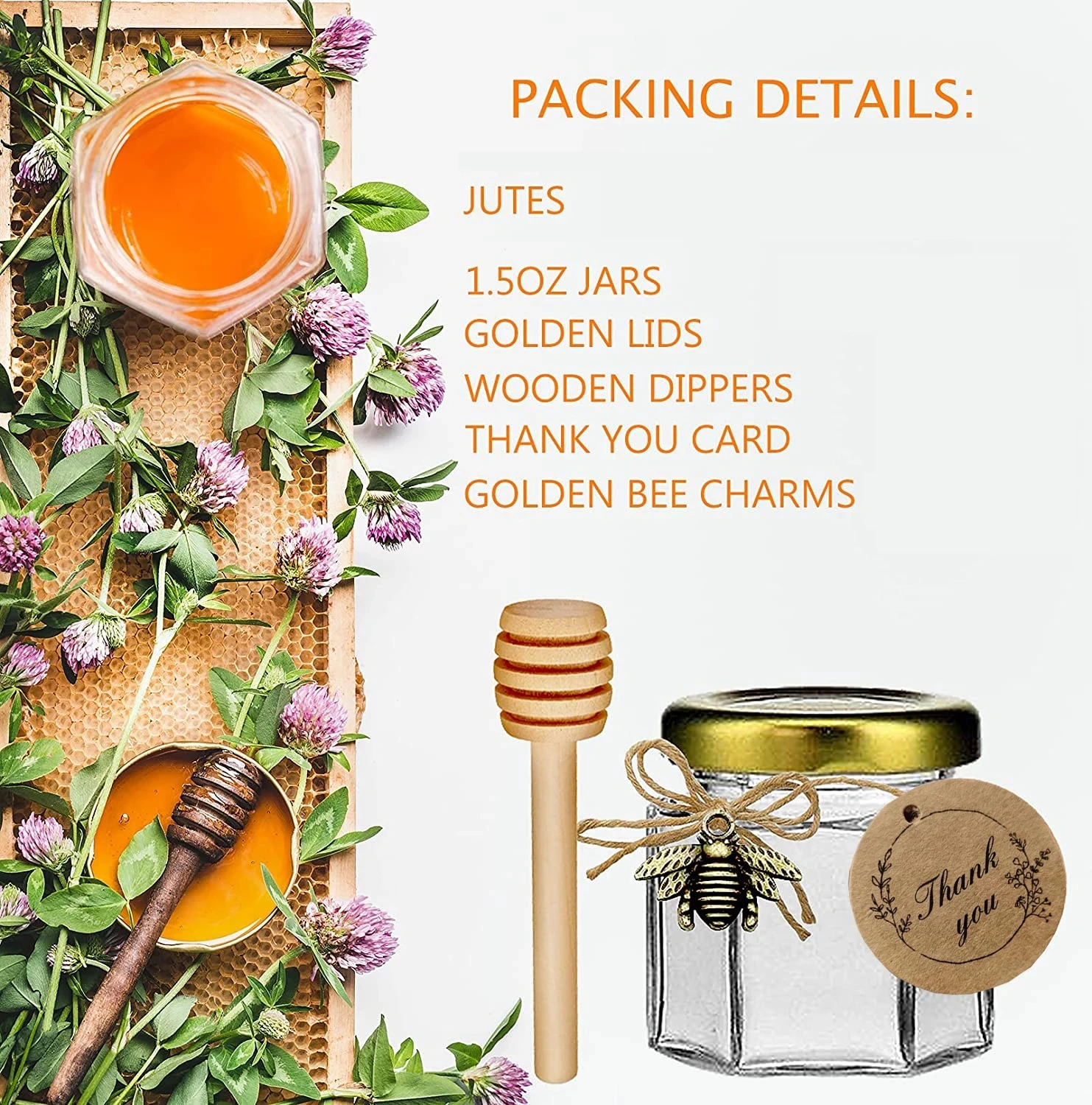 High Quality 45ml Mini Hexagon Glass Honey Jar with Luxury Gold Lid for Kitchen Food Weddings Gifts for Honey Jams Jelly Candy