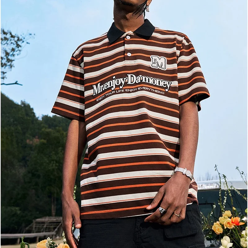 Mens Polo Shirts High Quality Short Sleeve Stripe Twill Collar