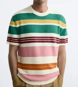 Custom Fashion Casual Cotton Knit T-Shirt Striped Intercolor Knit Short Sleeve Men's Knit Shirt