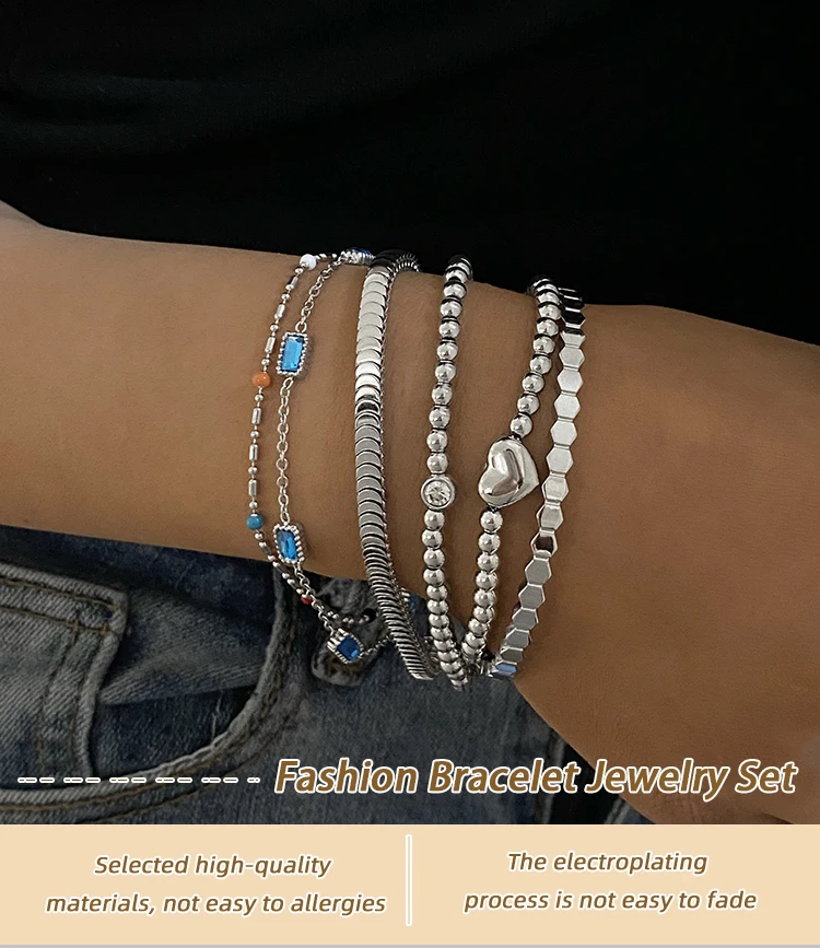 Stainless Steel Multi-layer Heart Charm Beads Chain Bracelet For Women (with Gift Bag)