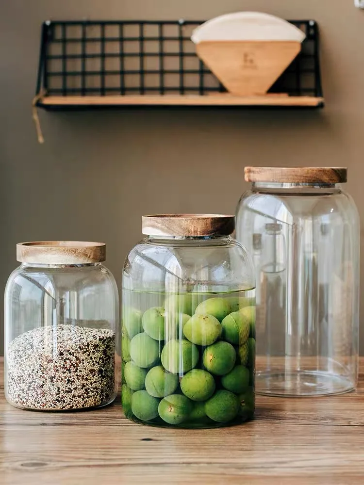 Glass Food Jars Acacia Wood Lid Kitchen Storage Homeware 