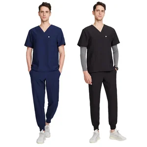 Men's V-Neck Scrub Uniforms Navy Blue Anti-Microbial Recycled Spill-Proof Set Medical Male Scrubs & White Scrubs