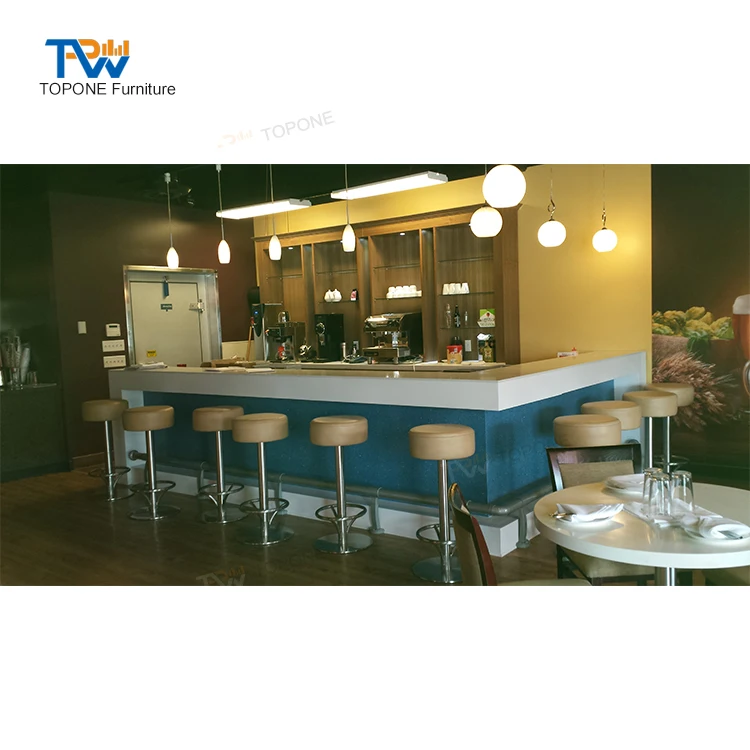 l Shape Blue Led Lighted Quartz Stone Restaurant bar Counter with Back Cabinet