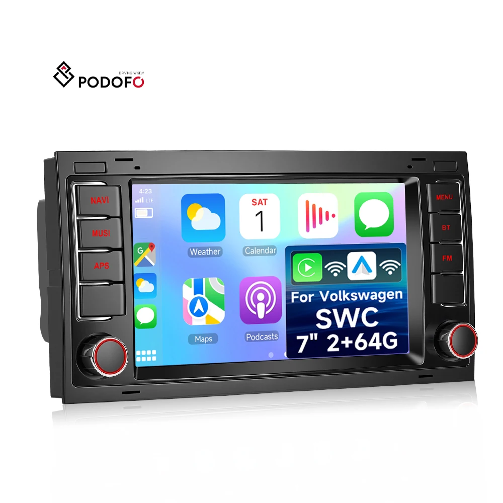 Podofo 2Din for Para Volkswagen/Touareg/Transporter 7'' Android Car Radio 2+64G Wireless Carplay/Android Auto GPS/WiFi/USB OEM A4652