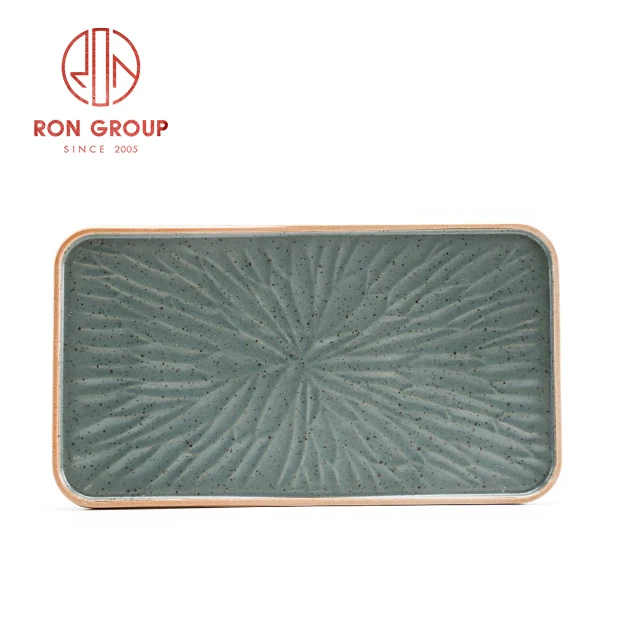 Cheap Japanese Style 10 12 Inch Dark Green Relief Square Sushi Dining Ceramic Plates for Restaurant