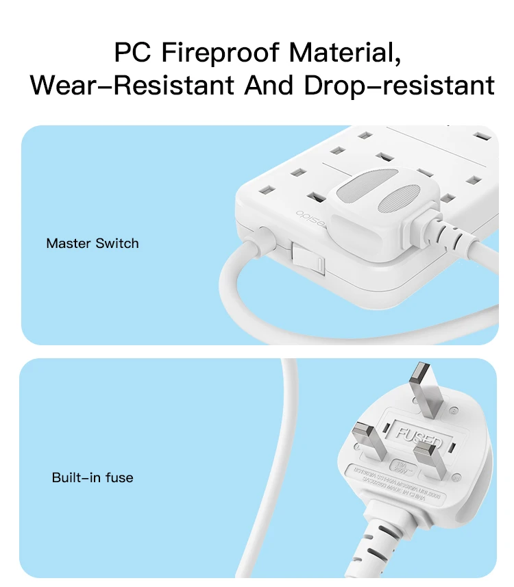 YESIDO 2 Meter MAx 3250W capacity 8 AC ports Power Socket with PD and QC fast charging USB ports