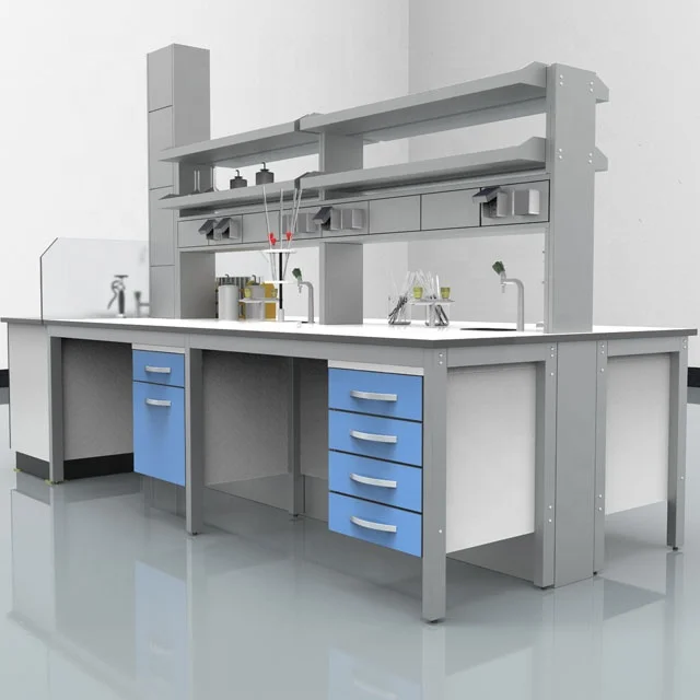CARTMAY Custom Biotechnology Lab Workbenches Medical Laboratory Tables With Mounted Shelves and Electrical Outlet