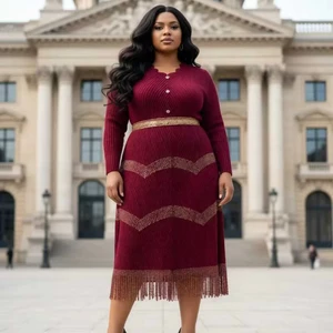 Elegant Fringed Oversized Dress in French Style with Pleated Details - Ideal for High-end Occasions