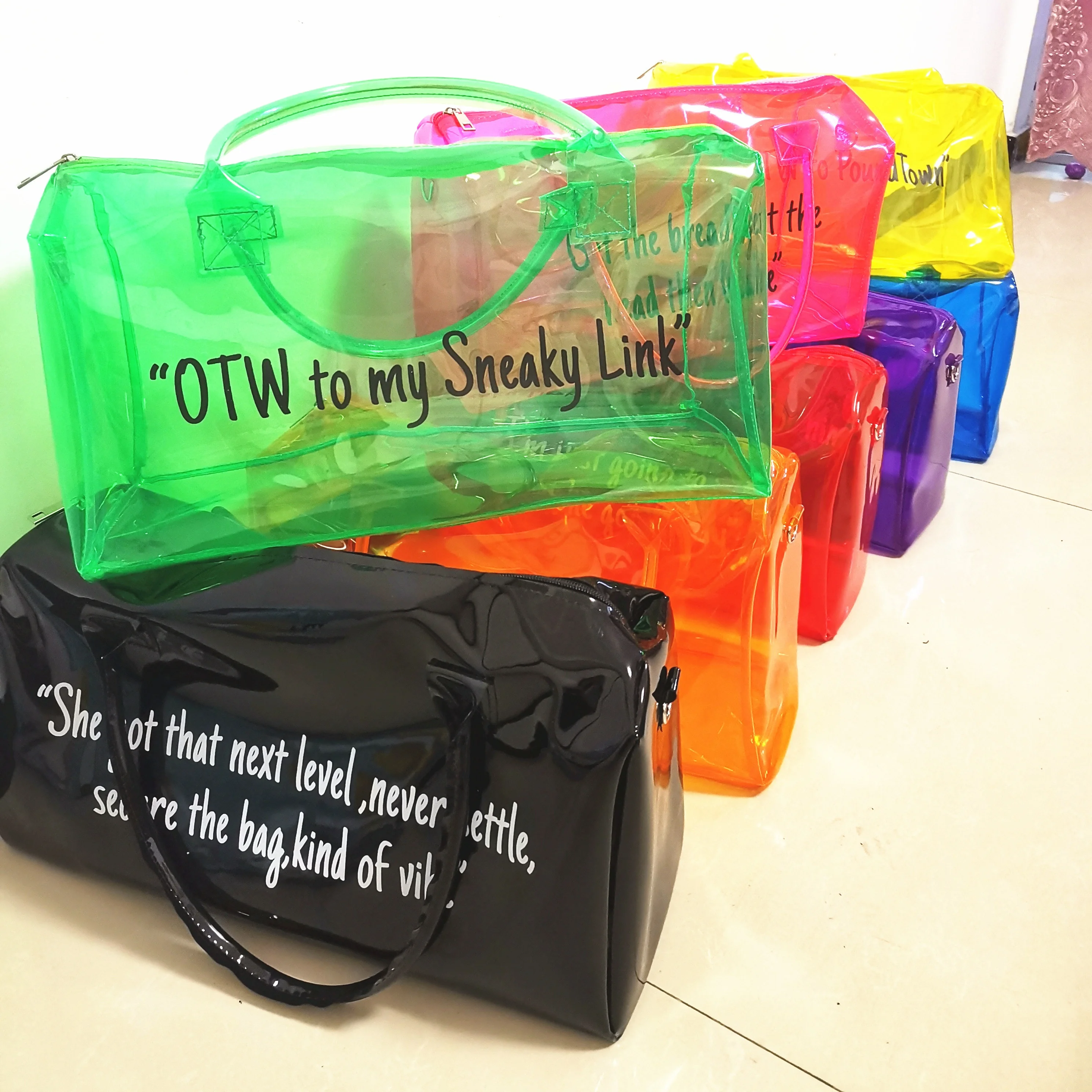 Womens Customized Travel Waterproof Colorful Transparent Duffle Bag Pvc