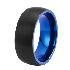 8mm Domed Two Tone Blue and Black Steel Matt Titanium Wedding Band for Men