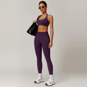 Elite Purple Training Set Women Wide Band Sports Bra Compression Leggings Seamless Exercise Outfit