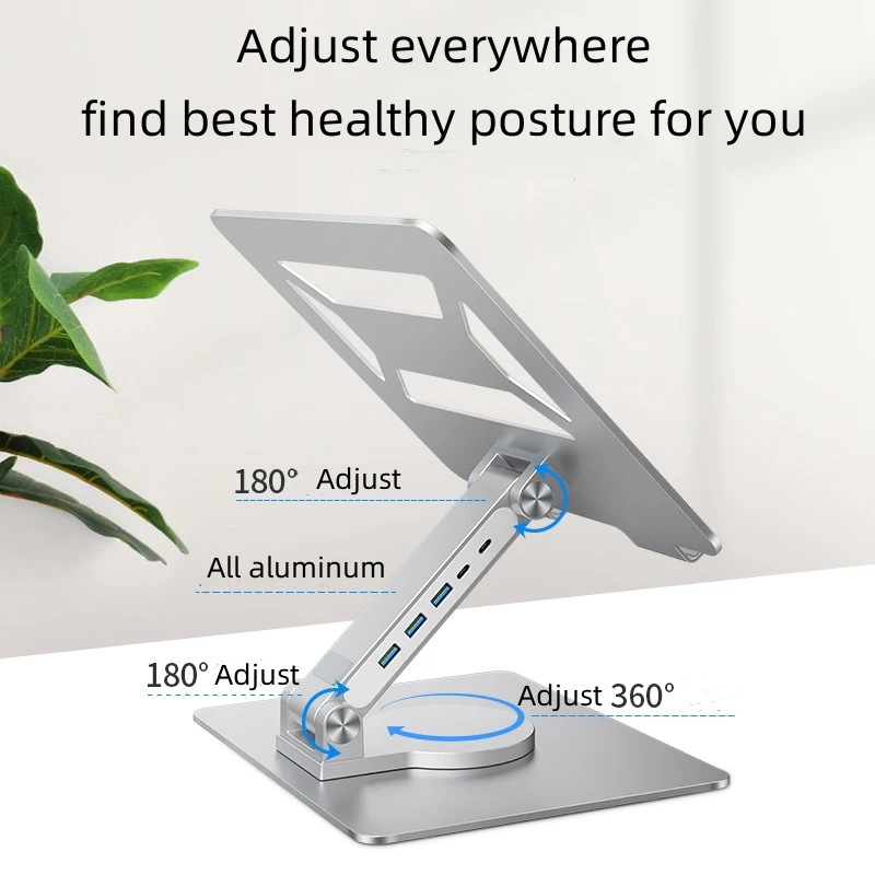 360 Rotation Aluminium Laptop Stand With Type c Docking Station  4 in 1 Multi Usb Hub