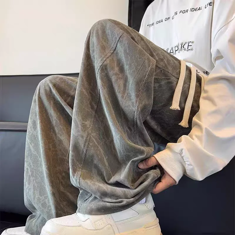 Spot Men's and Women's Fashion Street Hip-hop Casual Loose Spring and Autumn Straight Sports Tie-dye Corduroy Wide-leg Trousers