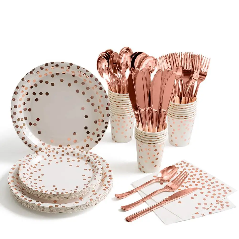 disposable custom rose gold foil stamp edge paper plate cups