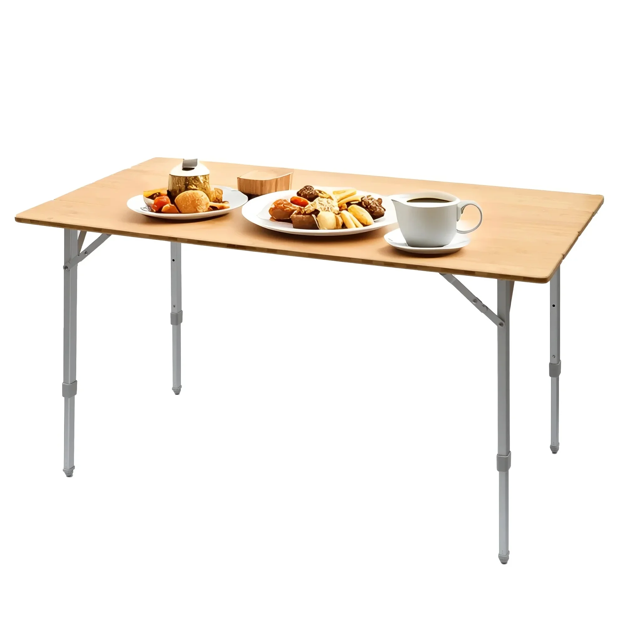 Bamboo Folding Camping Table, Portable Adjustable Height Picnic Table with 4-Fold Design for Outdoor, Beach, Garden, Travel