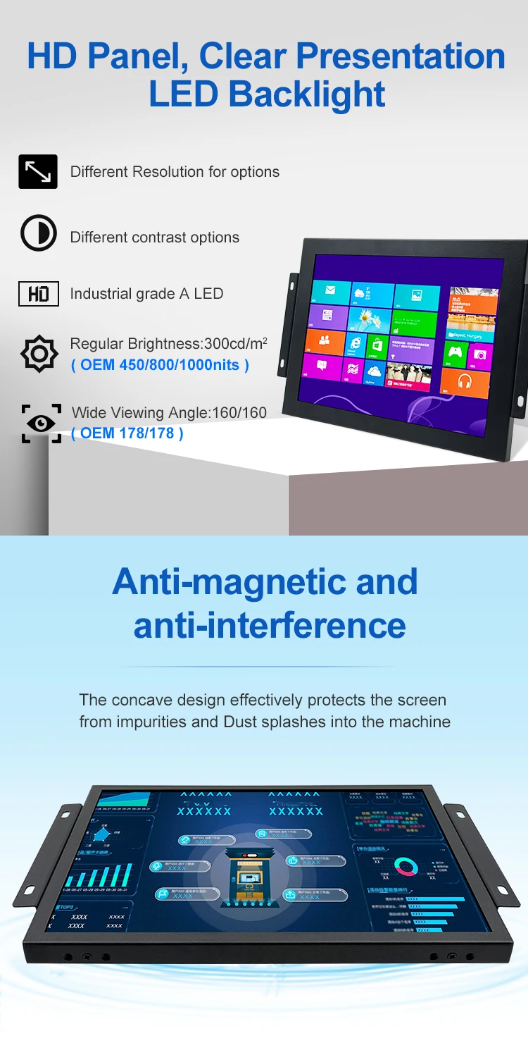 9.7" 9" 10" IPS Screen Mini Industrial Lcd Display Open Frame Embedded Metal case HMI Monitor