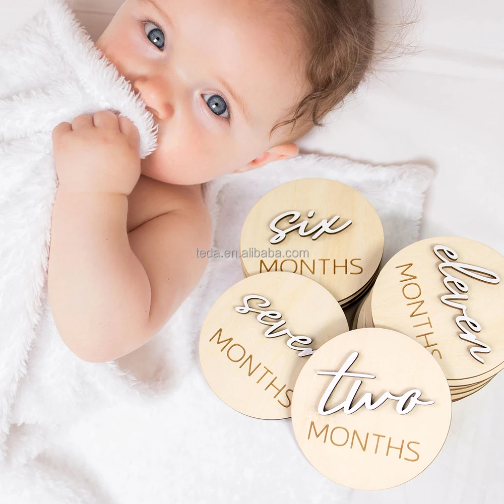 Tarjetas De Hitos Bebé Madera - 7 Piezas Doble Cara, 10 Cm, Para Fotos De 0 A 12 Meses