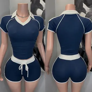 Huili Manufacturer V Neck Stretch Short Sleeve Crop Tee & Hot Shorts 2025 Loungewear Custom logo Two Piece Set Women Sportswear