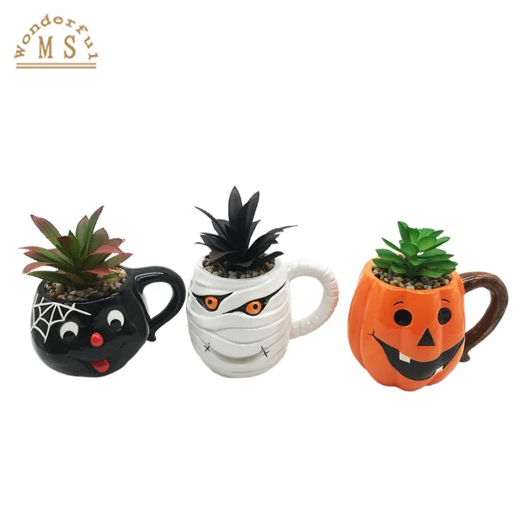 Creative Design Ceramic Cup Shape Mini Succulent Plant Pot with typical Halloween image for 2022