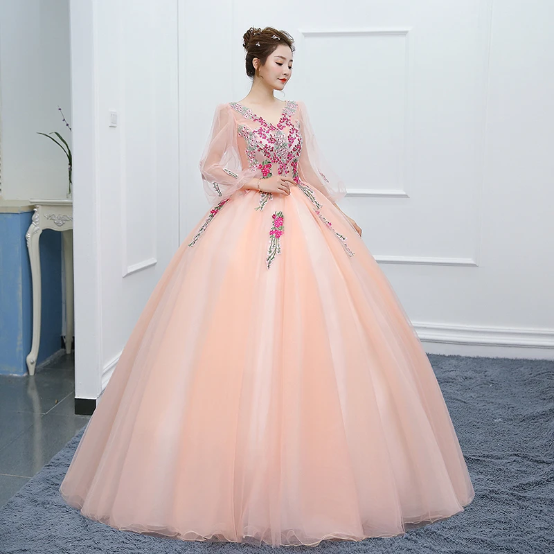 Feishiluo Full Sleeves Pink 3D Flower Lace Ball Gowns