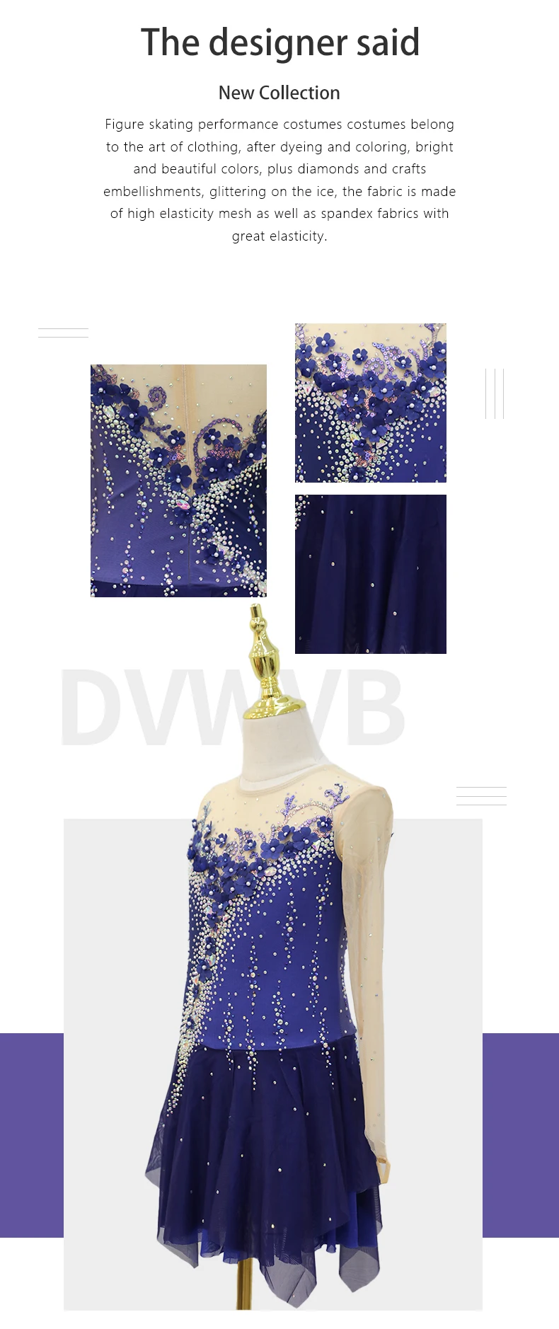 Figure Skating Competition Girls' Skating Suit Black And Blue Contrast